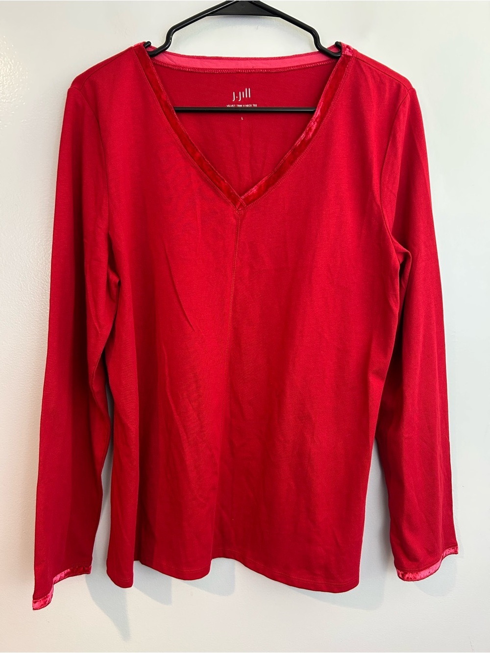 NWT J. Jill Ruby Red Velvet Trim Long Sleeve V-neck Cotton Top Size Large